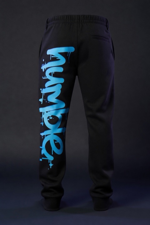 Humble Beginning Joggers — black with vertical cyan humble drip down the leg