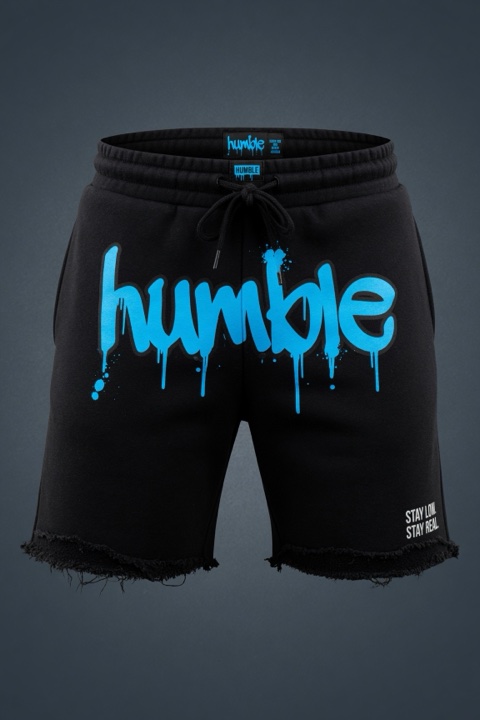 Humble Beginning Shorts — black with cyan humble drip, raw frayed hem, stay-low-stay-real text
