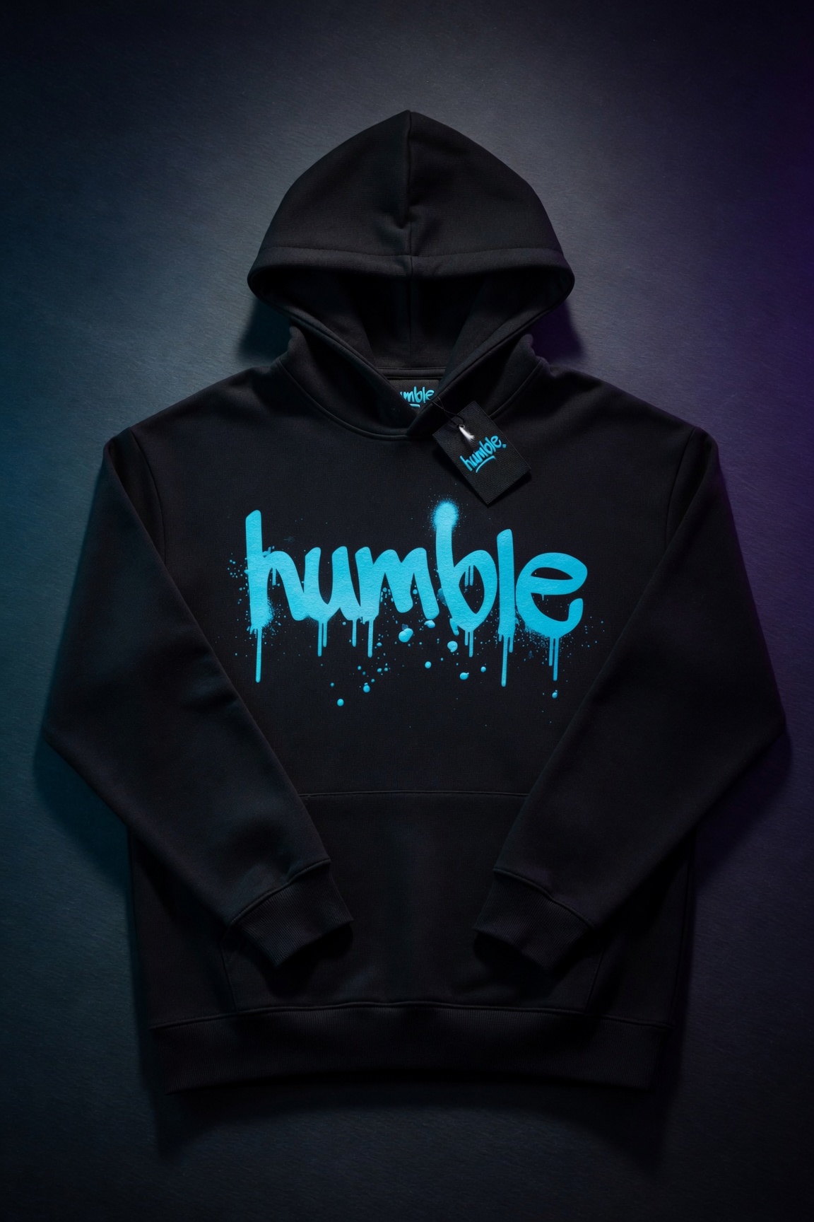 Humble Classic Hoodie — black with cyan humble drip graphic