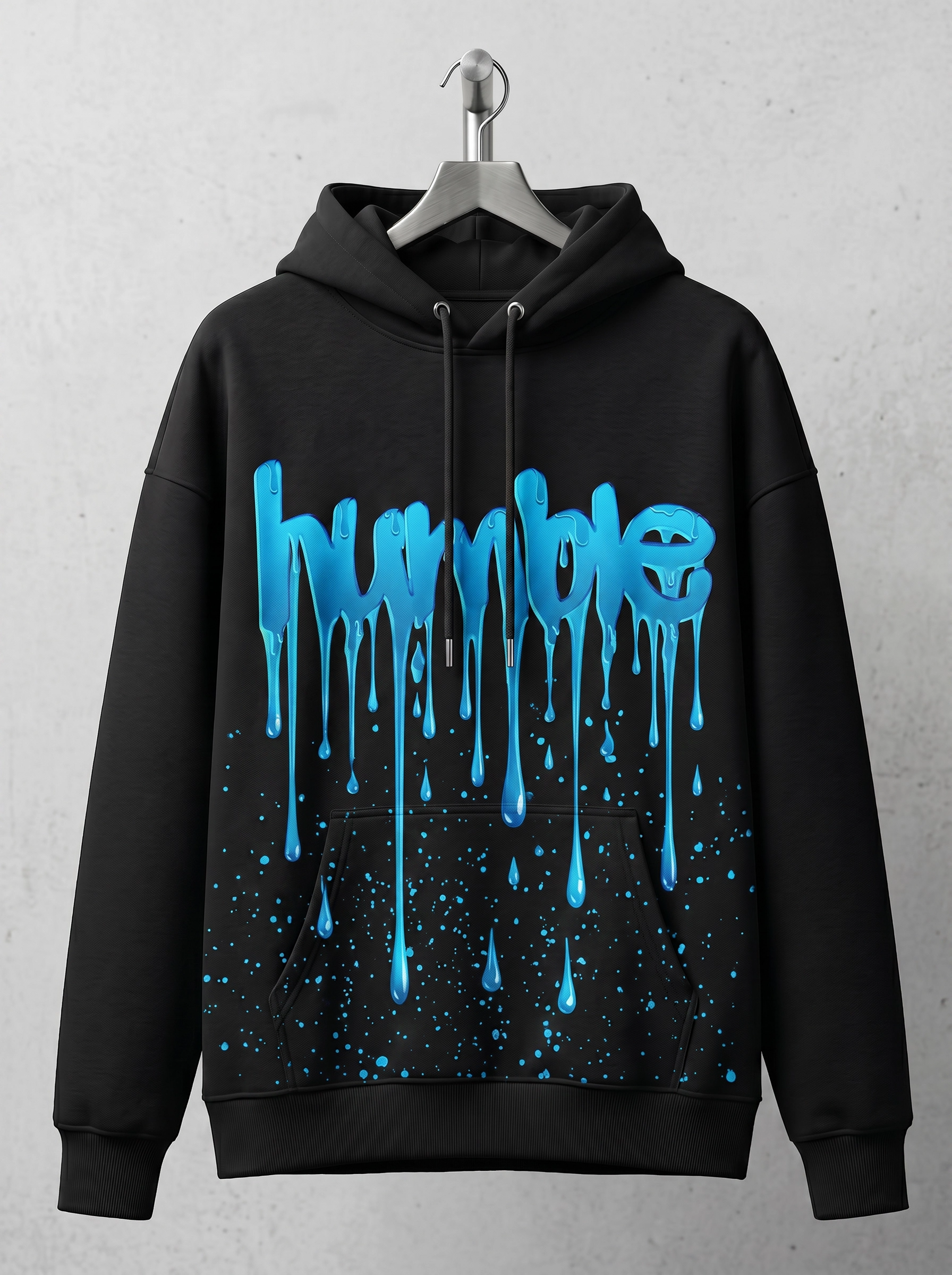 Humble Drip Hoodie — heavy cyan drip graphic with splatter